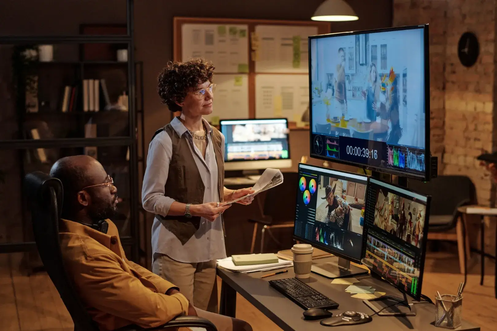 Video editors working in post production studio